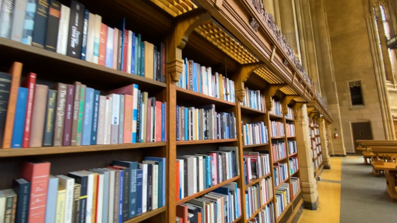 In a library, a long wooden bookshelf sits beneath towering stone walls