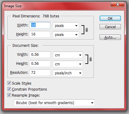 Image Size dialog box, with width and height being set to 16 pixels each
