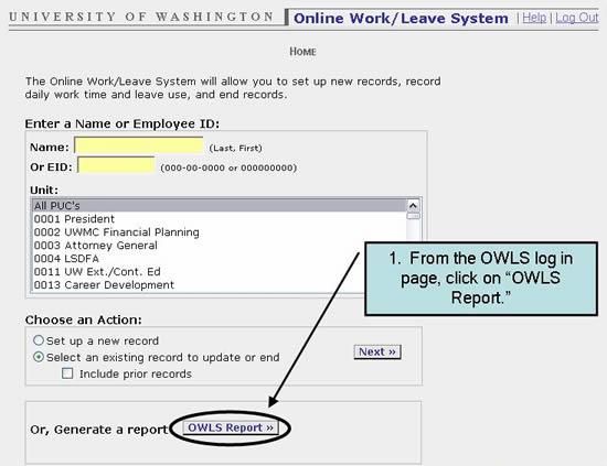 1. From the OWLS log in page, click on "OWLS Report."