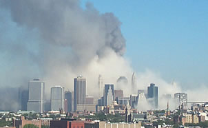 The Manhattan skyline seen from Brooklyn during the collapse of the World Trade Center towers.