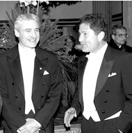 President McCormick congratulates UW Genome Sciences Professor Lee Hartwell, left, at a banquet for winners of the Nobel Prize in Stockholm, Sweden.  Photo by Ecke Kuller.