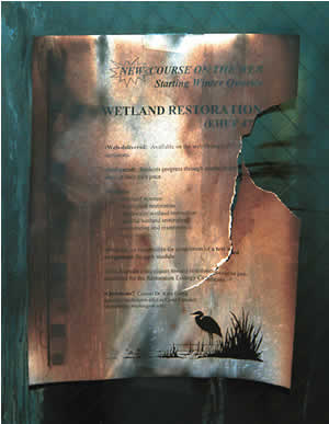 A charred poster annoounces a new course in wetlands restoration.  Photo by Mary Levin.