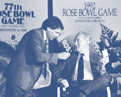 Bob Rondeau interviews Husky Football Coach Don James prior to the 1992 Rose Bowl. Photo by Joanie Komura.