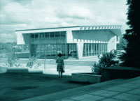 The UW Nuclear Reator Building shortly after it opened in 1961. It was the only reactor building in the nation with large picture windows. Photo by James Sneddon, courtesy of UW Libraries, Special Collections, Info Services S-6999-29.