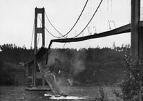 Professor Fredrick Farquharson took this dramatic photo of the Tacoma Narrows Bridge collapse on Nov. 7, 1940. Photo courtesy of UW Libraries, Special Collections, UW21422.