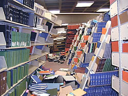 The earthquake sent books from the engineering library flying. Overall, the UW suffered more than $10 million in damage in the quake. Photo by Mary Levin.