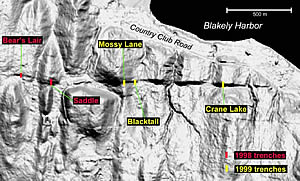 LIDAR image of Seattle Fault zone on Bainbridge Island. Identified are trench sites investigated by US Geological Survey in 1998 and 1999. Image courtesy USGS.