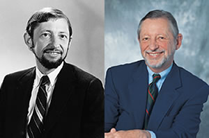 Dean Fred Campbell (far left, in 1970; left, today) has seen incredible changes in undergraduate education during his more than three decades at the University of Washington. Photos by James Sneddon and Mary Levin.