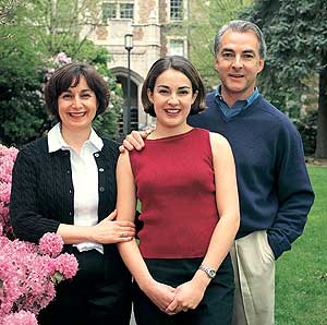 Two Husky generations are represented by the Gibbon family: (left to right) Teddie, '76; freshman Alex and Lee, '76. Photo by Kathy Sauber.