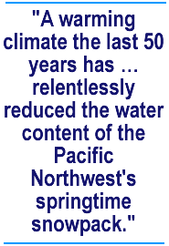 A warming climate the last 50 years has  relentlessly reduced the water content of the Pacific Northwest's springtime snowpack.