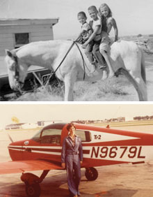 Top: Bonnie Dunbar (right) joins two of her younger brothers for a ride on the family farm near Sunnyside. Bottom: Determined to fly in space, Dunbar earned her pilot's license before she applied to be an astronaut in 1978 when NASA opened the astronaut corps to women. Photos courtesy Bonnie Dunbar.