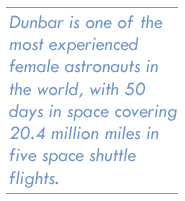 Dunbar is one of the most experienced female astronauts in the world, with 50 days in space covering 20.4 million miles in five space shuttle flights.
