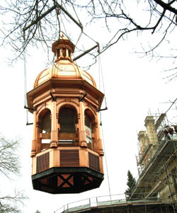  On Feb. 26, construction workers placed the new tower on top of the sandstone building.