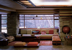 Edgar Kaufmann Jr., son of the original owner of the Frank Lloyd Wright masterpiece Fallingwater, commissioned Larsen to redo the carpets, upholstery and wall hangings in his western Pennsylvania retreat. The fabric designer provided textiles for the house mostly based on his Doria patterns. Seen at right is the living room. Photo by Thomas A. Heinz, courtesy Western Pennsylvania Conservancy.