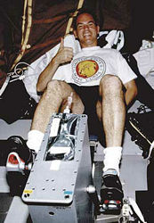 Frederick Sturckow working out on the space shuttle.