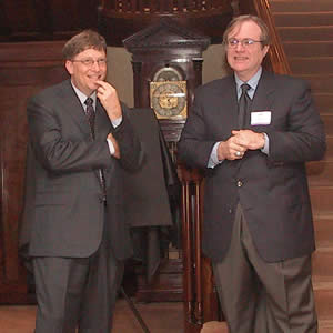 Microsoft co-founders Bill Gates (left) and Paul Allen reminisce at the UW President's House during the Feb. 19 announcement that the UW's new computer science and engineering building will be named after Allen. Photo by Mary Levin.