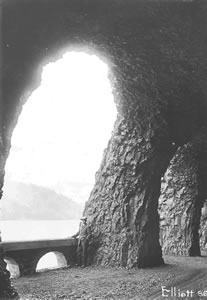 The Mitchell Point Tunnel on Oregon's original Columbia River Highway was engineered by John Elliott, '09, '29. Blasted through solid rock, it featured five windows overlooking the river. Photos courtesy Special Collections, University Libraries.