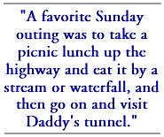 A favorite Sunday outing was to take a picnic lunch up the highway and eat it by a stream or waterfall, and then go on and visit Daddy's tunnel.