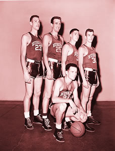 The Huskies' high-flying starting five of 1953 (from left): Doug McClary, Bob Houbregs, Charlie Koon, Joe Cipriano and Mike McCutcheon (kneeling). File Photos.