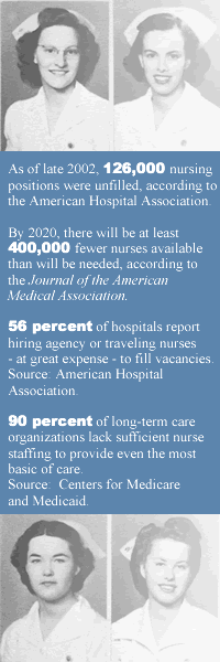 As of late 2002, 126,000 nursing positions were unfilled, according to the American Hospital Association. By 2020, there will be at least 400,000 fewer nurses available than will be needed, according to the Journal of the American Medical Association. 56 percent of hospitals report hiring agency or traveling nurses - at great expense - to fill vacancies. Source: American Hospital Association. 90 percent of long-term care 
organizations lack sufficient nurse staffing to provide even the most basic of care. Source:  Centers for Medicare and Medicaid.