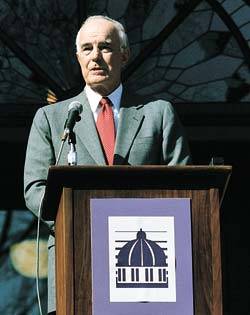 Evans speaks at the ceremony where the Graduate School of Public Affairs was named in his honor. Photo by Mary Levin. Evans speaks at the ceremony where the Graduate School of Public Affairs was named in his honor. Photo by Mary Levin.