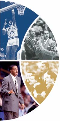 Clockwise from top: Lorenzo Romar played three years with the NBA's Gold State Warriors. His first head coaching job at Pepperdine. Romar (top) celebrates as UCLA wins 1995 NCAA title. Romar's second head coaching job at St. Louis University. Photos (clockwise from top): Courtesy Golden State Warriors; Courtesy Pepperdine University; Courtesy UCLA; Courtesy St. Louis University.