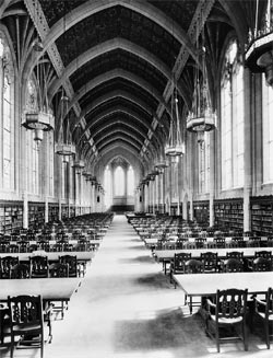 Oak tables and chairs designed by architect Carl Gould fill the Suzzallo Reading Room shortly after it opened. Photo courtesy MSCUA, UW Libraries.