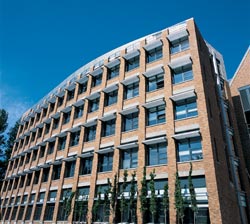 The exterior of the Allen Center includes sun shades of brushed metal. Photo by Kathy Sauber.