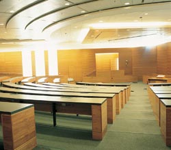 The Magnuson/Jackson Moot Courtroom features semi-circle tiered seating for 200 people. Photo by Kathy Sauber.