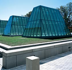 Four 18-foot-high skylights create architectural interest and allow natural light to pour into the school's law library in the floors below. Photo by Kathy Sauber.