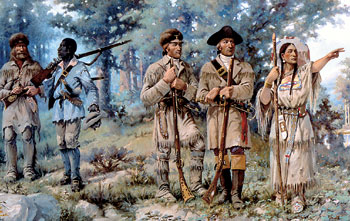 American Indian guides Scajawea (pointing) leads Captains Meriwether Lewis and William Clark on their expedition to the West in this detail from E.S. Paxson's 1912 paiting, Lewis and Clark at Three Forks. At left, Paxson also depicts Clark's African American slave, York. Courtesy of the Montana Historical Society.