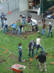 Students working on monument