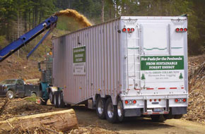 This customized chip van is designed to access woody biomass along forest logging roads.