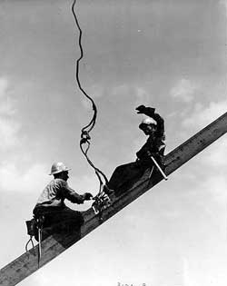 Workers erect steel beams