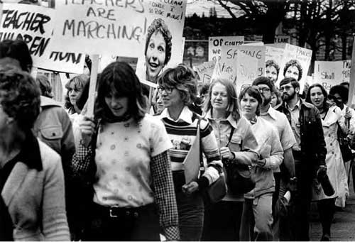 Laid-off teachers demonstrate, April, 1976