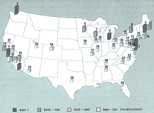 [Map of US 
showing location and dollar amounts of federal research funding]