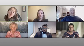 A moderator and five panelists in Zoom windows discuss inclusion.