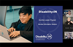Still from Disability: In webinar, featuring a student smiling while using a computer, a purple background with the title of the presentation, and participants on Zoom.