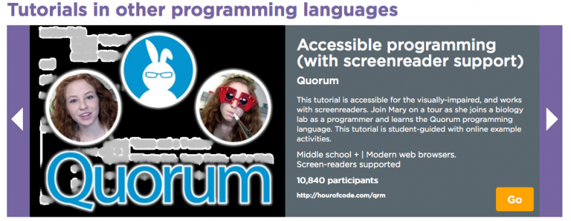 Screen shot from hourofcode.com of Quorum tutorial