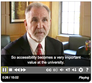 Screenshot from the video with Michael Young stating "So accessibility becomes a very important value at the university."