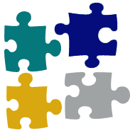 Drawing of four puzzle pieces, each a different solid color