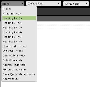 A text formatting toolbar that includes a dropdown list of heading styles