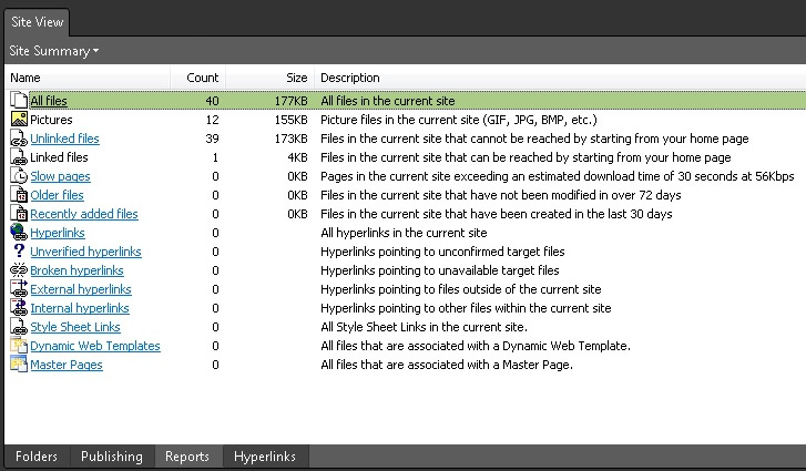 Screen shot of Site Summary from Microsoft Expression, including number of files, pictures, slow pages, older files, broken hyperlinks, and more