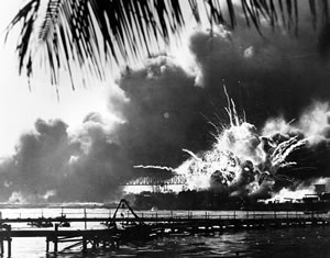 The USS Shaw explodes during the Japanese attack on Pearl Harbor on Dec. 7, 1941. Department of Defense photo.