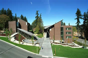 A new classroom building (left) for UW Bothell, called UWB2, opened Oct. 1, providing a tiered lecture hall, traditional classrooms, writing and math labs, science research labs and faculty offices.