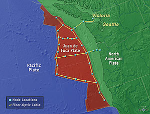 Project Neptune would link 30 experimental sites with 2,000 miles of fiber-optic and power cable--a mile or more beneath the ocean's surface. Project Neptune image.