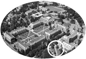 Aerial photo of the UW in the 1950s shows the location of Hello Lane. Photo courtesy Special Collections, UW Libraries.