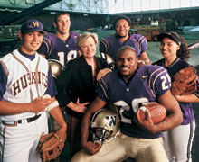 Former Athletic Director Barabara Hedges is surrounded by student-athletes in this 2001 photo. From left, the student-athletes are Tila Reynolds, Todd Elstrom, Braxton Cleman, Patrick Reddick, and Becky Simpson. Photo by Jeff Zaruba.