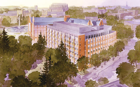 The UW's $70 million Computer Science and Engineering Building will rise on the site of the of the old Electrical Engineering Building near the Sylvan Grove and the UW's four columns. Drawing courtesy of LMN Architects.