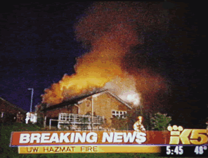 'Eco-terrorists' burned down one building in the Center for Urban Horticulture complex in an early morning attack May 21. Image courtesy KING 5 News.